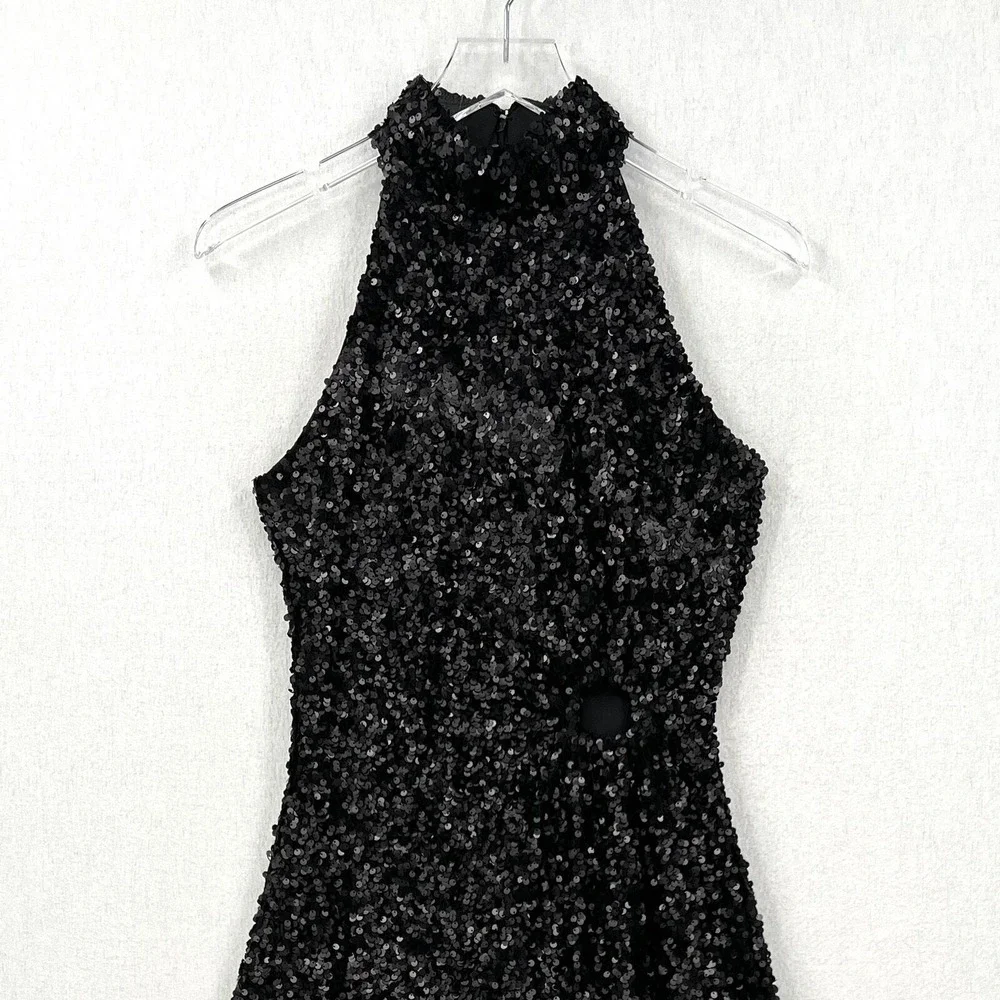 CIEBON Signy Sequin Asymmetrical Gown Womens Small Black Halter Midi Sleeveless - Picture 5 of 16